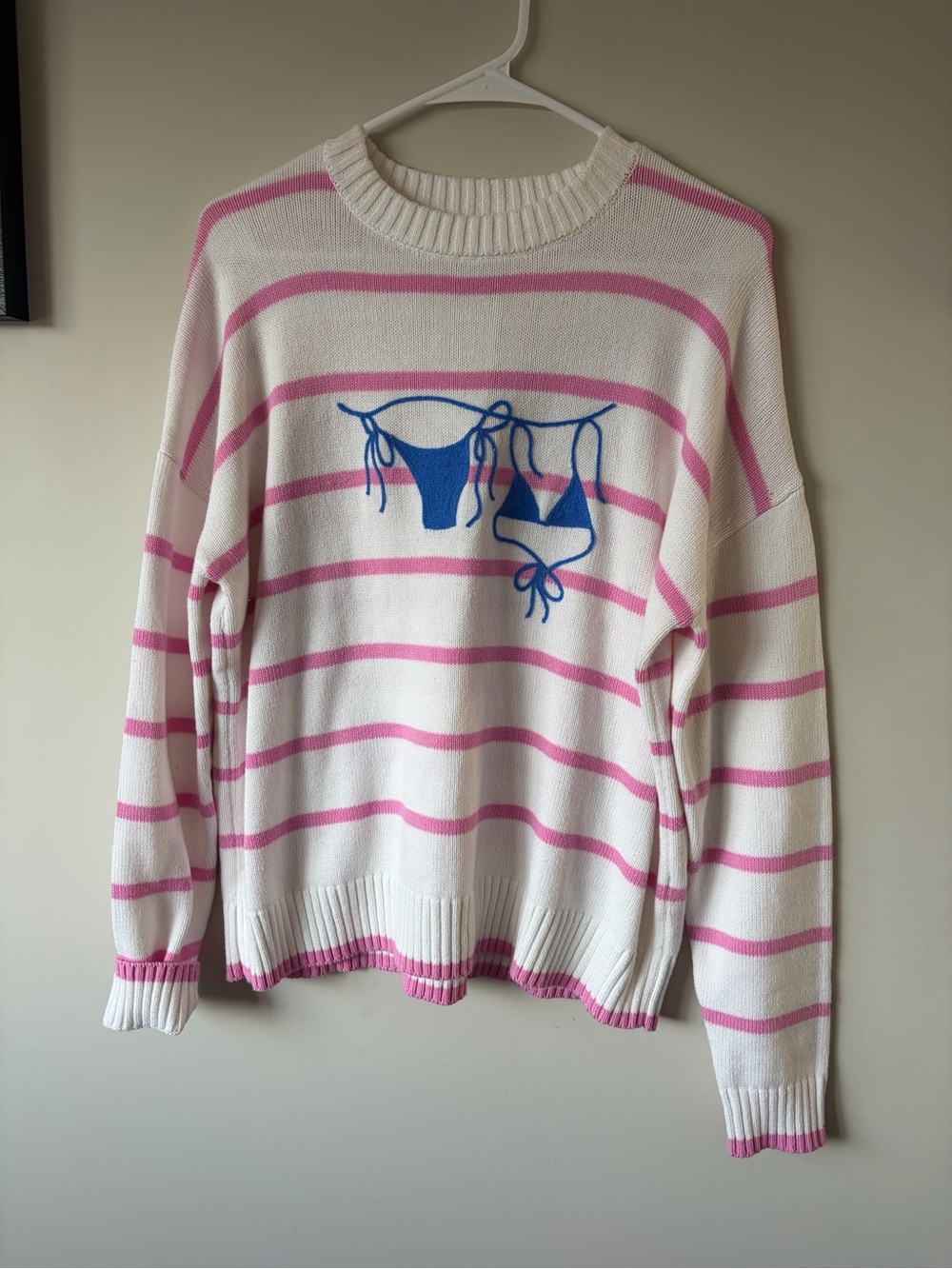 White & Pink Striped Knit Bikini Sweater